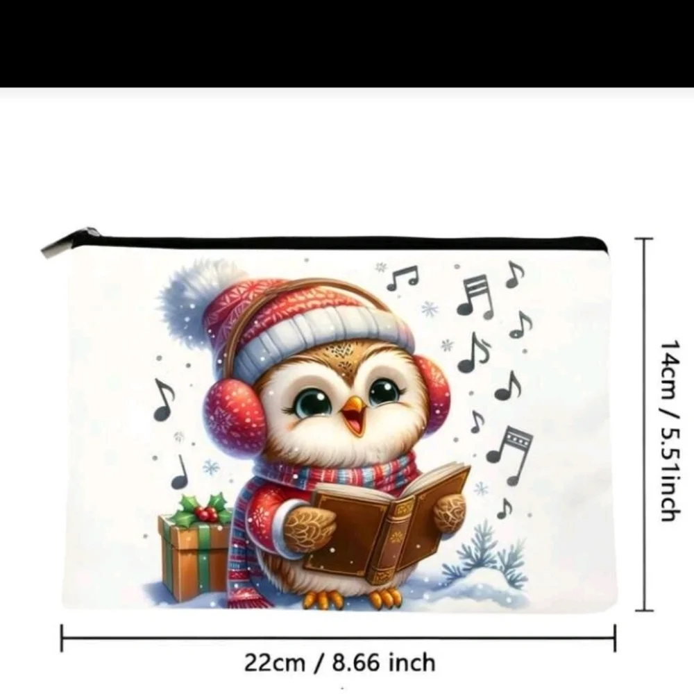 Cream Zip Pouch Bird Singing In Winter Print Canvas Purse
